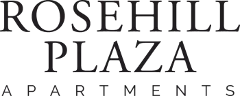 The logo for Rosehill Plaza Apartments features the name in a bold serif font, with "Apartments" displayed below in smaller capital letters, presenting a clean and sophisticated design.