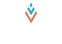 Avery at Turkey Creek Apartments logo in white with geometric design for use on dark backgrounds.