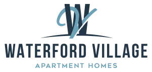 Waterford Village Apartment Homes logo in blue and dark gray on a transparent background