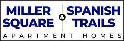 Full-color logo for Miller Square & Spanish Trails Apartment Homes featuring bold navy blue text and a centered ampersand icon, representing two connected apartment communities.