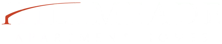"HILLMEADE APARTMENT HOMES" logo. White text on black, with a red arc sweeping over the "ILL" in "HILLMEADE".