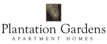 Plantation Gardens Apartment Homes logo featuring a stylized gold palm frond inside a black square above the words “Plantation Gardens” in elegant serif lettering, with “Apartment Homes” centered below in spaced capital letters.