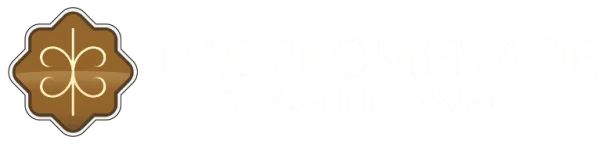 Logo for The Promenade at Boiling Springs. Brown and gold emblem with elegant flourishes, beside silver text.