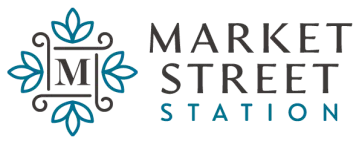 Logo: Teal decorative 'M' within a square frame, next to dark grey 'MARKET STREET' and teal 'STATION' text.