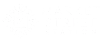 Logo: White ornate M in a square frame with floral flourishes, alongside 'MARKET STREET STATION' in white text.