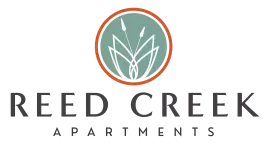 Reed Creek Apartments logo. Stylized white reeds in a teal circle with an orange border, above dark grey text.