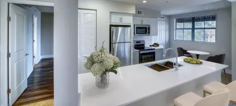 A sleek, contemporary kitchen with stainless steel appliances, white cabinetry, a center island, and a vase of flowers as a centerpiece.