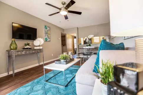 A modern living room features a cozy sofa with blue accent pillows, a sleek coffee table with plants, and a wall-mounted TV above a console table.