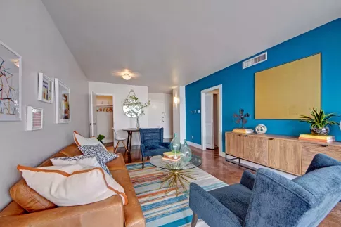 Stylish apartment living room with a blue accent wall, modern furnishings, a mid-century sideboard, and colorful decor that creates a warm, inviting space.