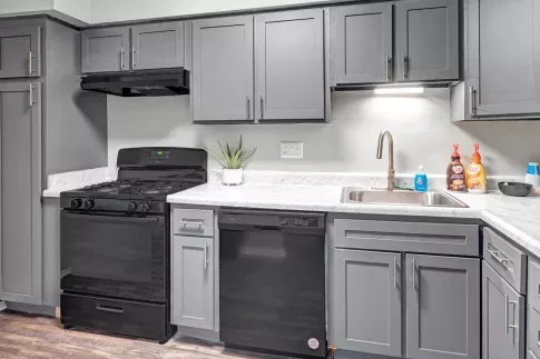 A modern kitchen at Wilson Plaza featuring sleek gray cabinetry with silver handles, a black gas stove with a matching range hood, and a black dishwasher. The kitchen has white marble-style countertops, a stainless steel sink with a high-arc faucet, and under-cabinet lighting. A small potted plant adds a touch of greenery, while soap dispensers and kitchen essentials are neatly arranged on the counter.