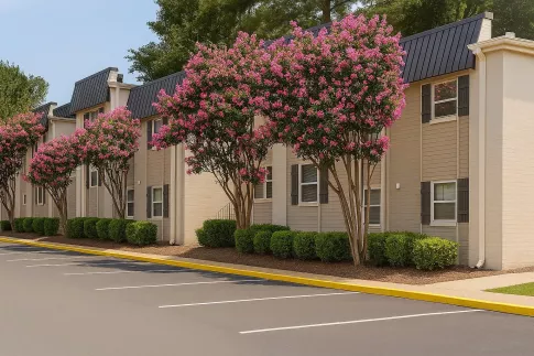 Exterior shot of Thirty-One 32 Cypress, showcasing well-manicured greenery and luscious trees.