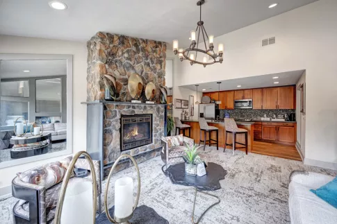 Skyline clubhouse with kitchen and fireplace for residents to enjoy.