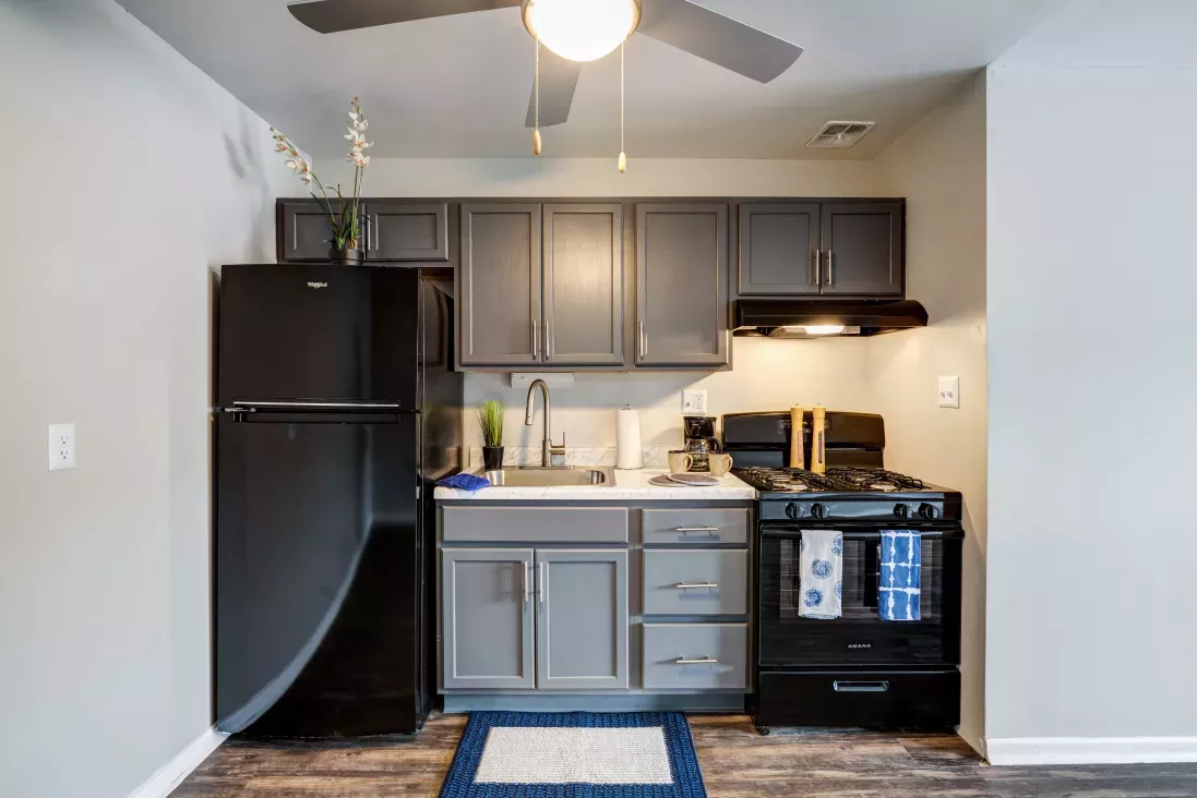 Compact kitchen with gray cabinets, black appliances, sink, and a blue mat on a dark wood floor.