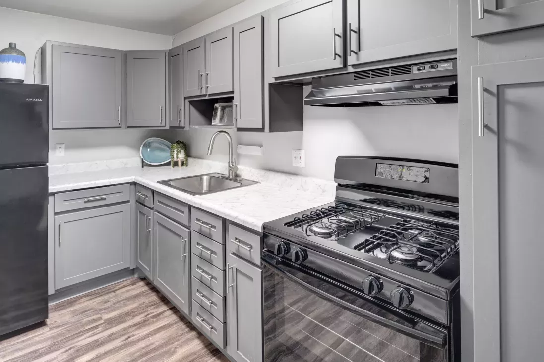 Modern kitchen with gray cabinets, white countertop, stainless steel sink, black gas range, and refrigerator.