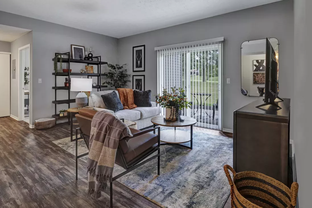 Cozy living room with a white sofa, leather armchair, dark wood furniture, patterned blue rug, and a glass patio door.