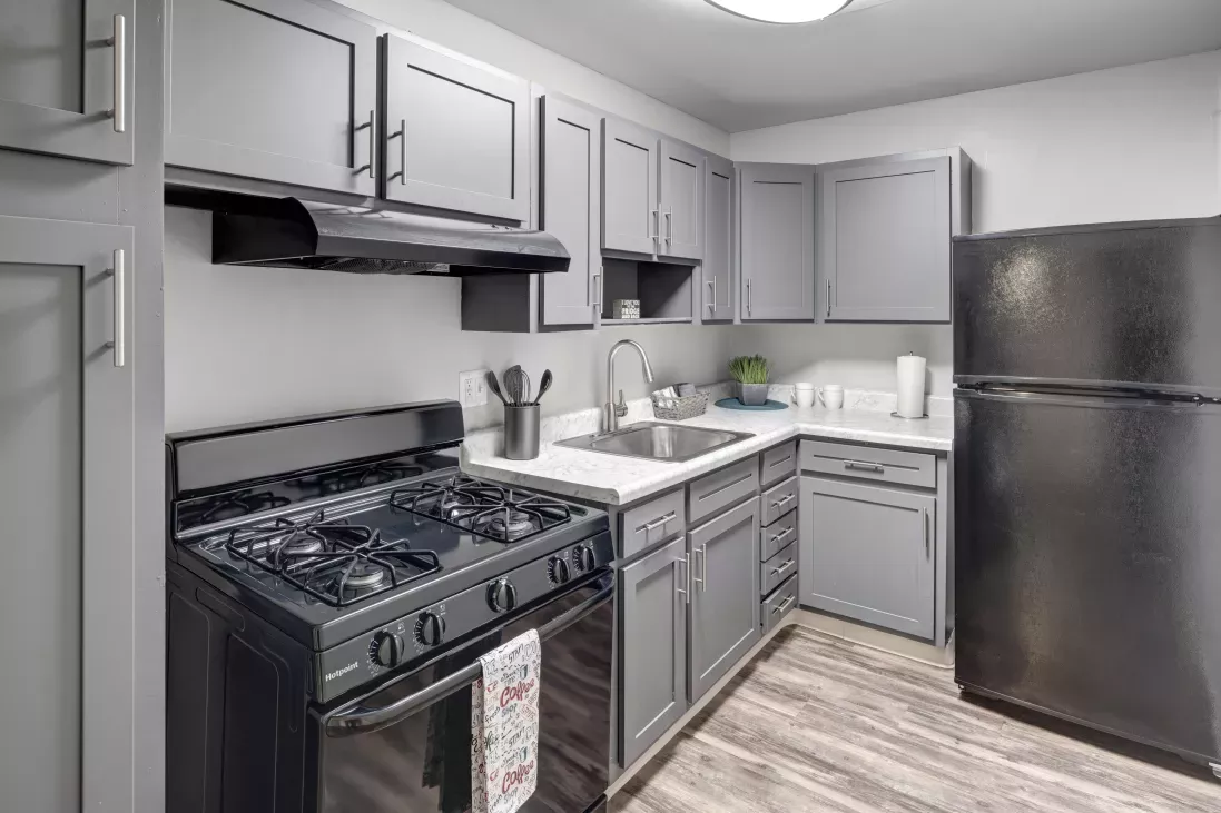 Sleek kitchen with gray cabinets, white countertops, black stove, stainless steel sink, and black refrigerator.