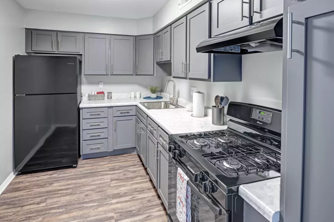 Contemporary kitchen featuring gray cabinets, white countertops, and black refrigerator, stove, and microwave.