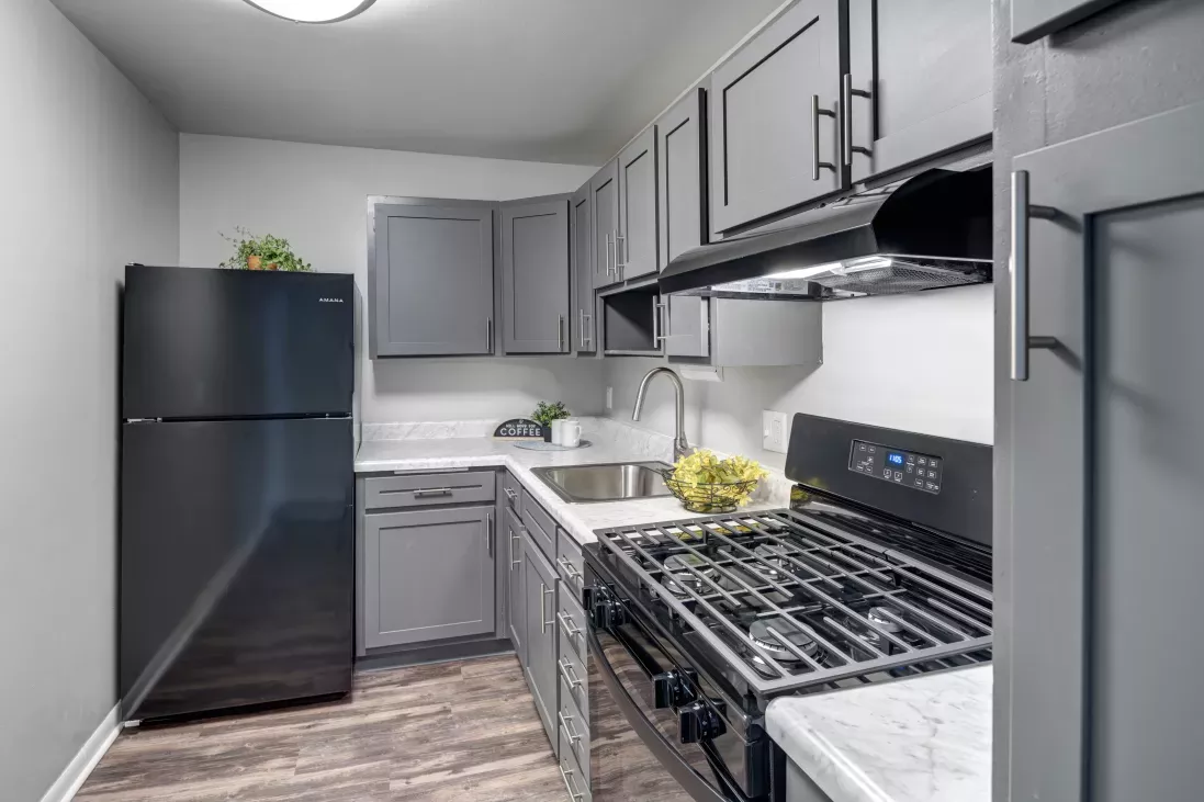 Compact kitchen with gray cabinets, white counters, black refrigerator, and gas range. Dark wood-look floor.