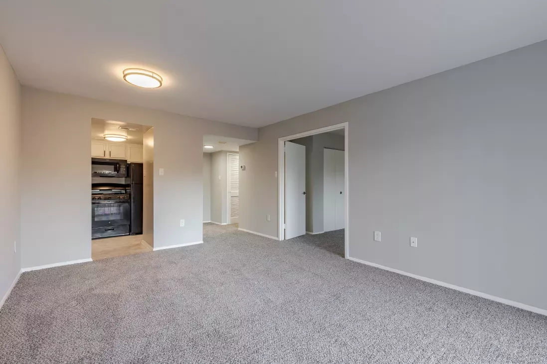 Empty apartment living room, light gray walls, dark gray carpet. Kitchen with dark appliances visible through archway.