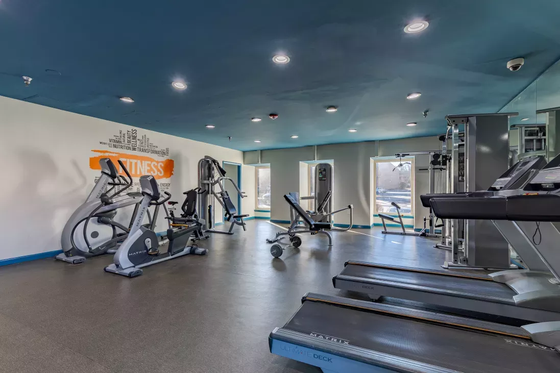 Modern gym with a blue ceiling, white walls, and an orange "FITNESS" graphic. Treadmills, ellipticals, and weight benches are visible.