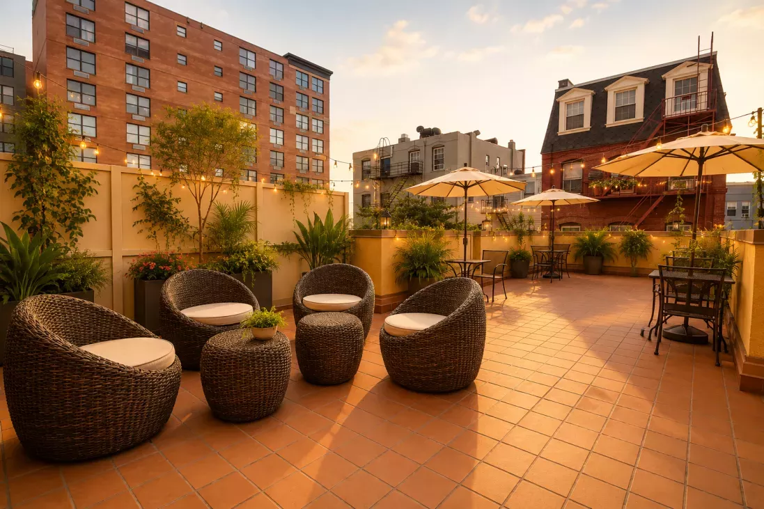 Rooftop patio with wicker seating, potted plants, and dining tables under umbrellas at sunset.