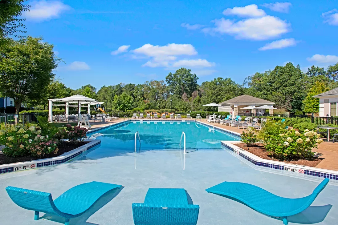 Resort-style swimming pool at The Grove Somerset Apartments with in-water loungers, lush landscaping, and shaded seating areas.