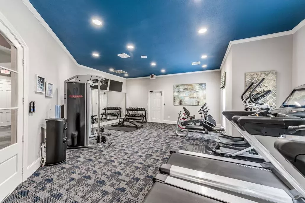 State-of-the-art fitness center at The Landings of Conroe Luxury Apartments, featuring modern exercise equipment and vibrant blue ceiling design.