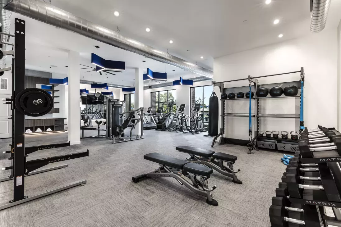 The Warner Apartments' state-of-the-art fitness center, complete with cardio machines, free weights, and strength training equipment in a bright and spacious setting.