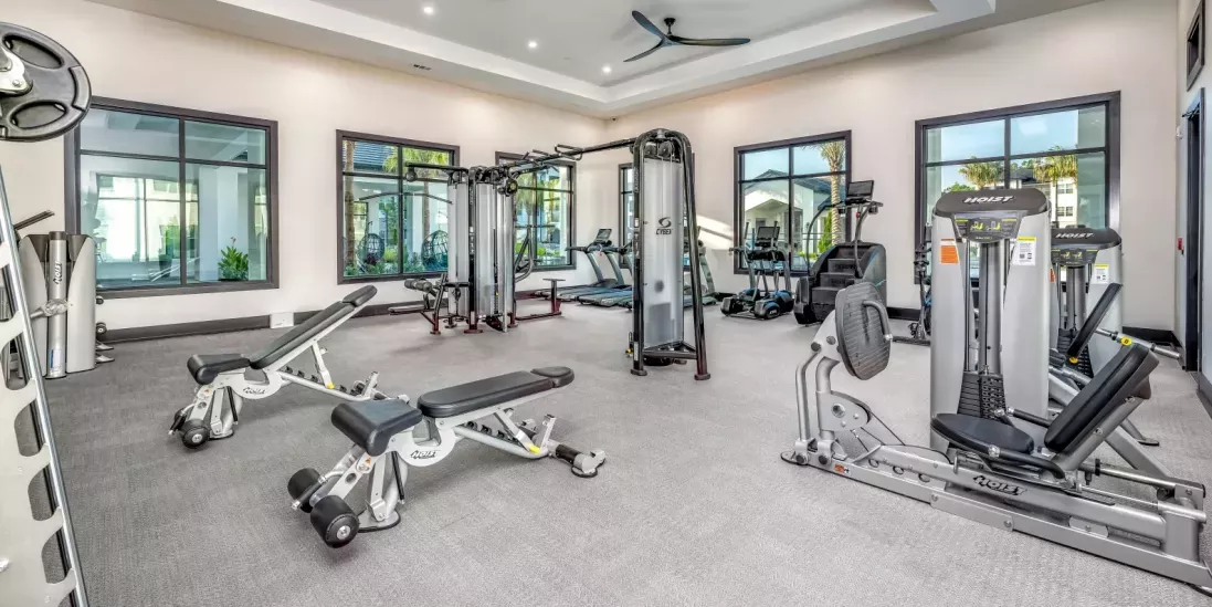 A well-equipped fitness center featuring strength training machines, cardio equipment, and large windows providing natural light.