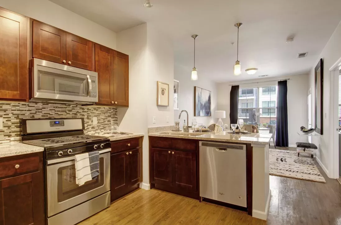 Contemporary kitchen with dark wood cabinets, stainless steel appliances, and mosaic tile backsplash.
