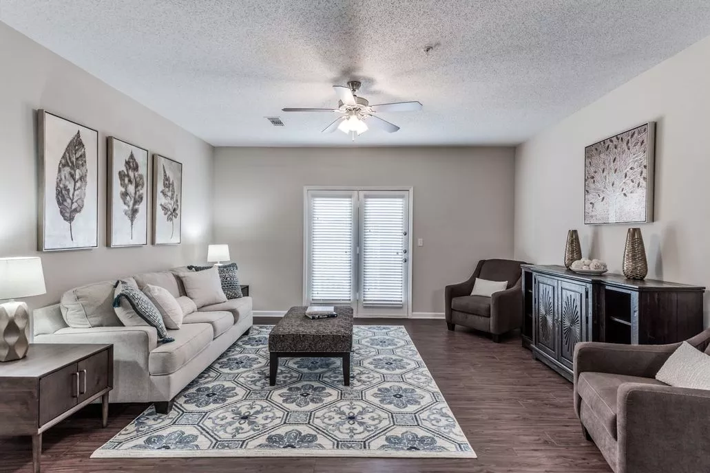 Modern living room with light sofa, blue patterned rug, dark wood furniture, and framed art.