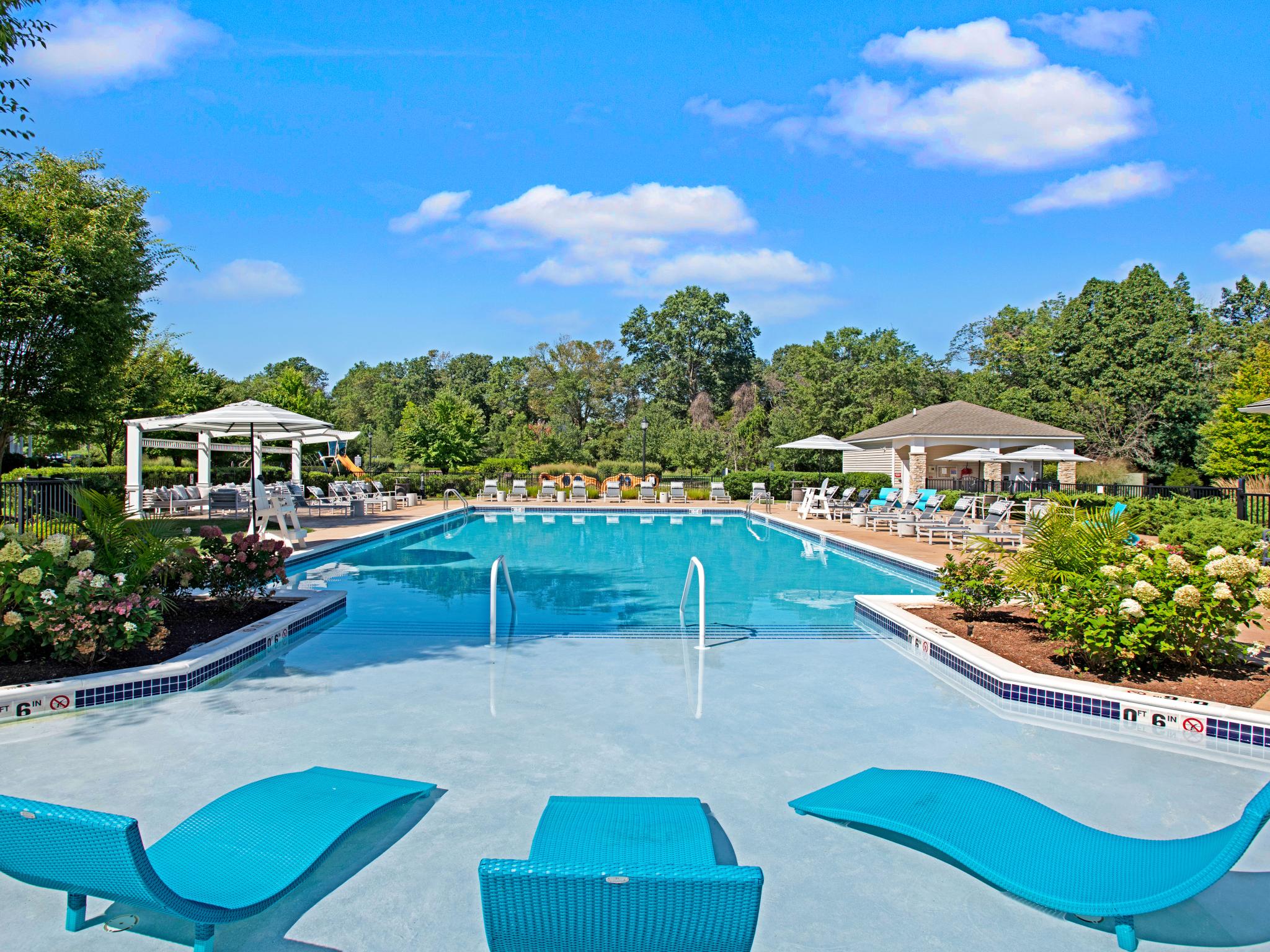 Resort-style swimming pool at The Grove Somerset Apartments with in-water loungers, lush landscaping, and shaded seating areas.