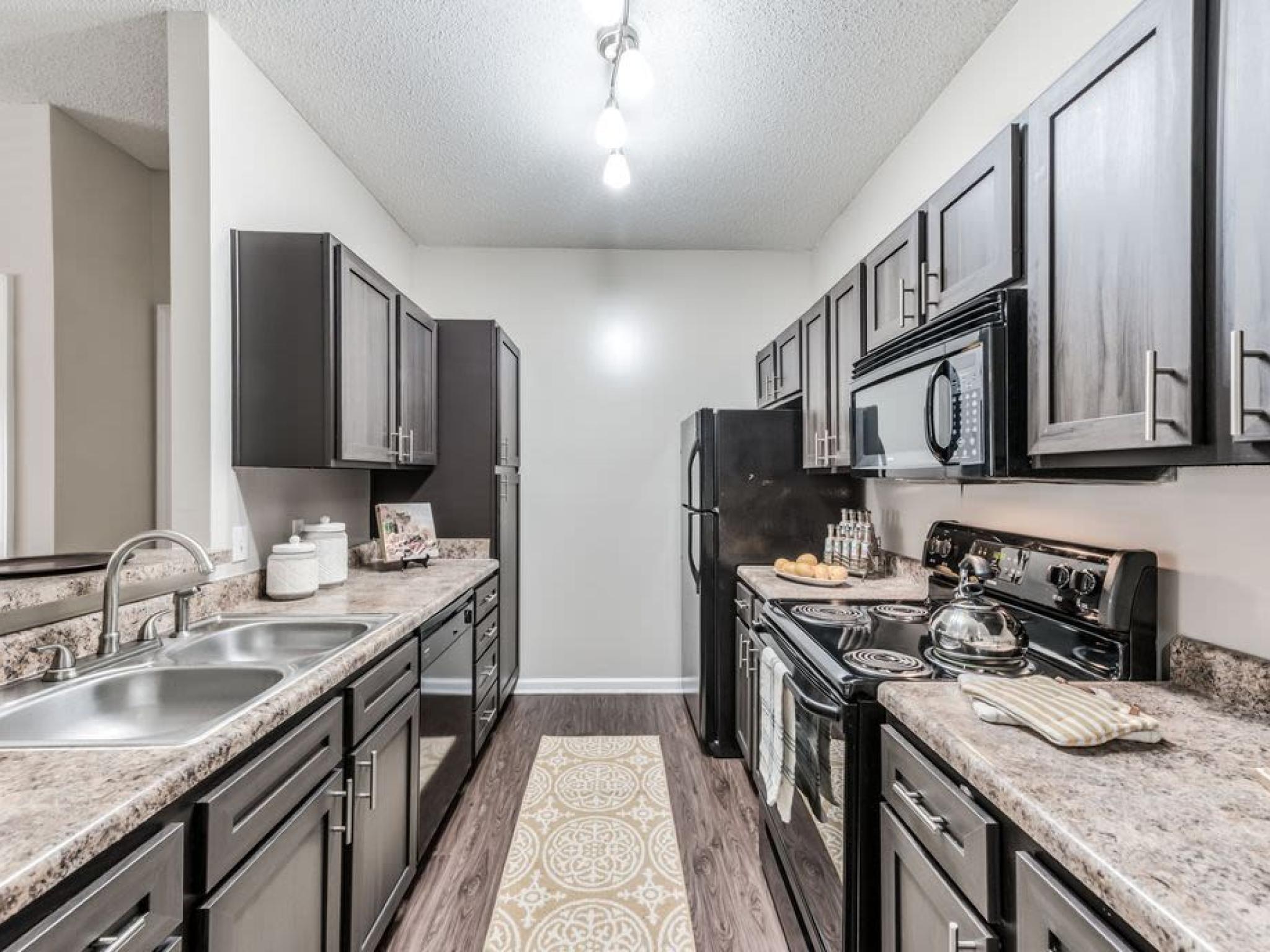 Modern kitchen with sleek black cabinetry, granite countertops, and stainless steel appliances at The Landings of Conroe Apartments.