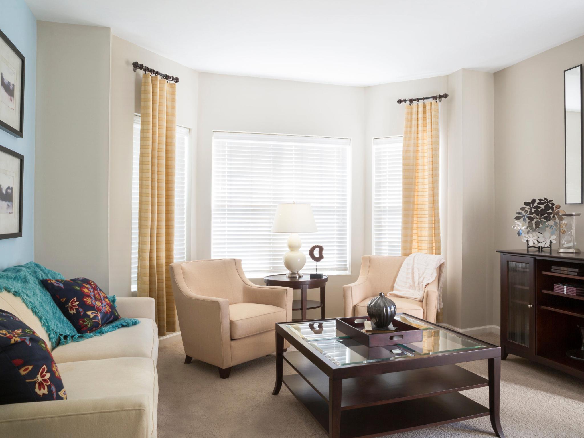 Elegant living room at Oak Enclave Luxury Apartments, featuring a neutral color palette, plush seating, and abundant natural light from large windows with stylish drapery.