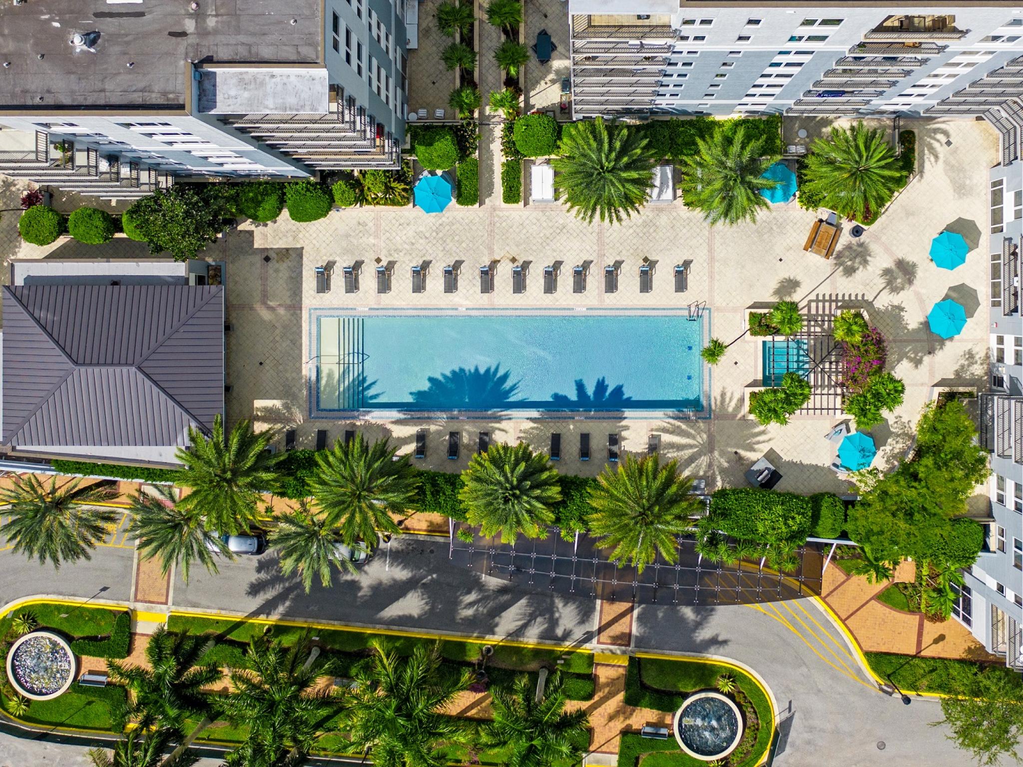 Aerial view of a luxury apartment courtyard at Midtown 24 in Plantation, Florida, featuring a rectangular swimming pool surrounded by lounge chairs, palm trees, and turquoise umbrellas. The landscaped area includes shaded seating, decorative walkways, and a small spa, creating a tropical resort-style atmosphere.