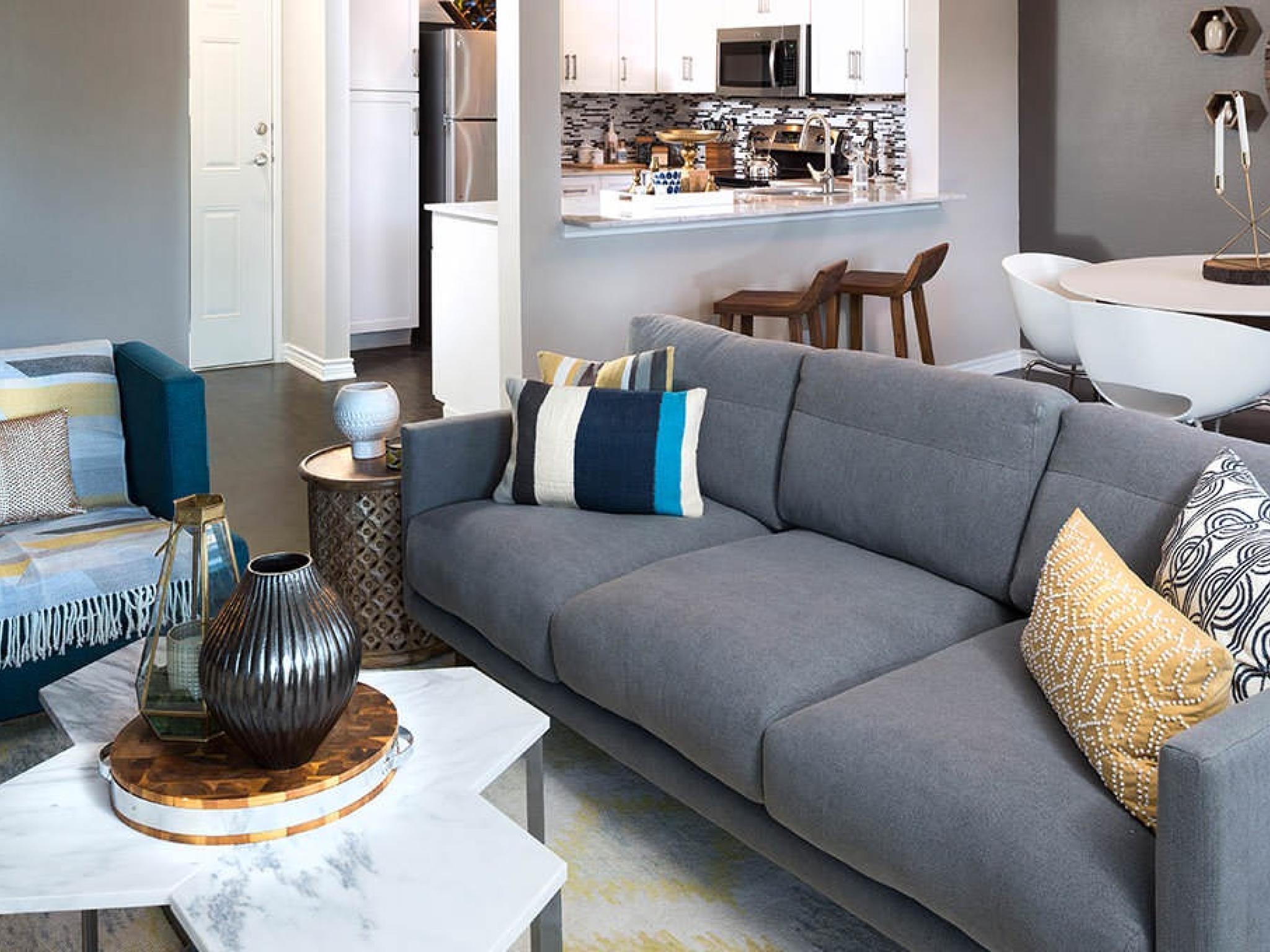 Expansive open floor plan. Large living room with view of kitchen. 