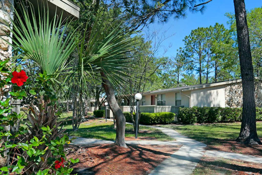 Image 2: An exterior view of an apartment building with a sidewalk and flowerbed in the foreground, surrounded by trees and greenery.